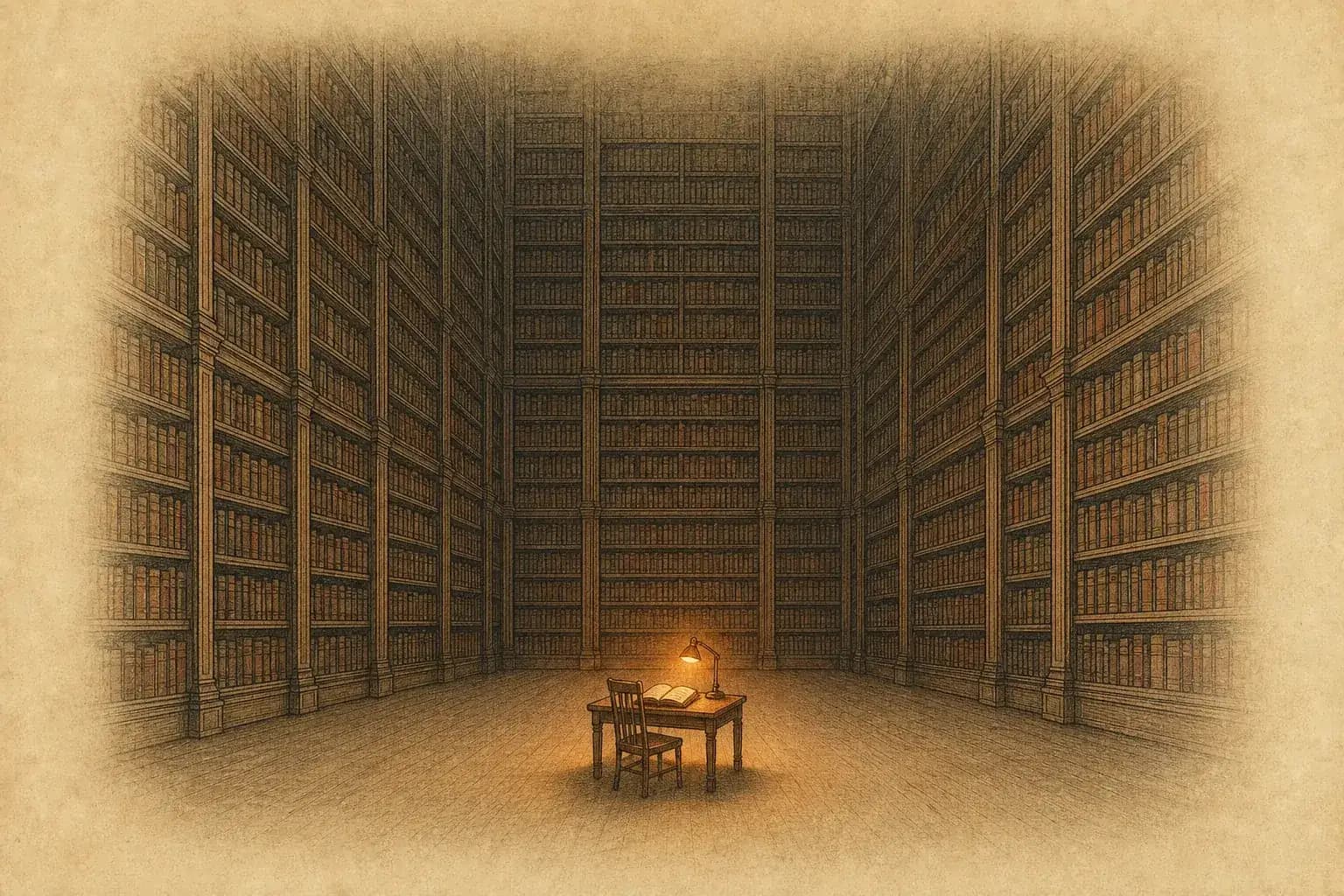 A vast library stuffed with books rising into darkness, and at its center one small writing desk under a single warm lamp