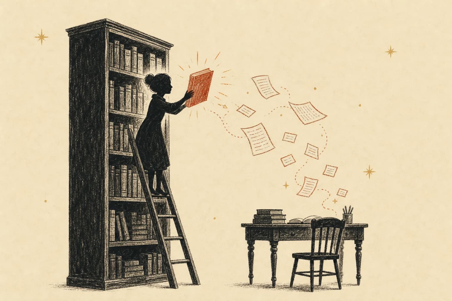 Hand-drawn ink illustration: a small figure on a ladder pulls a glowing book from a tall shelf while pages and index cards drift down toward a writing desk