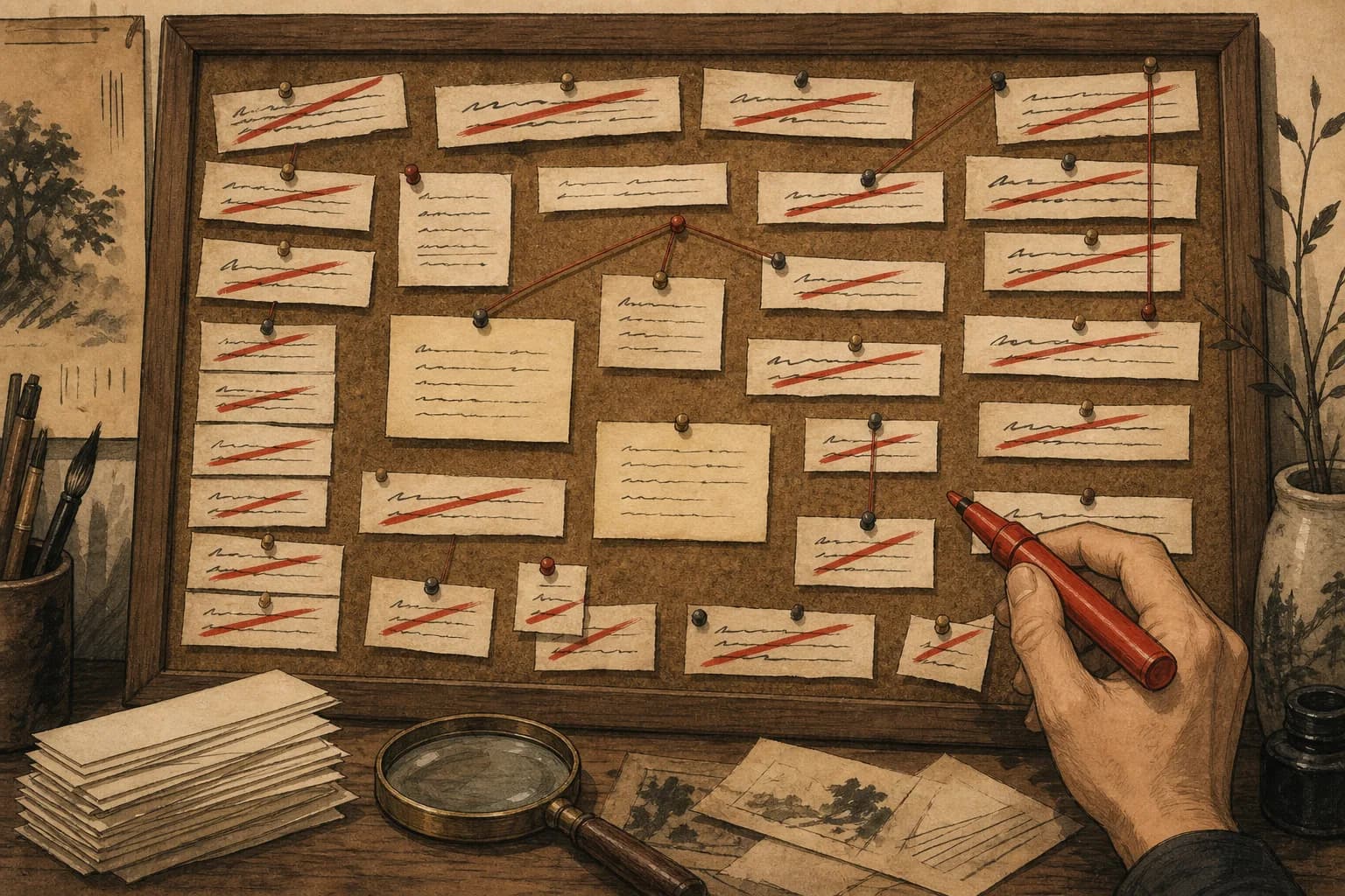 A pinboard of paper strips, most crossed out in red ink, a hand with a red pen marking another