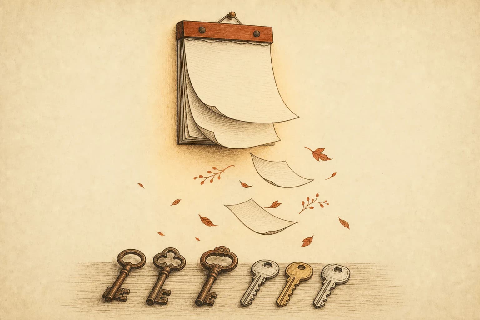 A wall calendar with several pages torn off and drifting down, beside a row of old and new keys on a desk, hand-drawn ink linework on warm paper