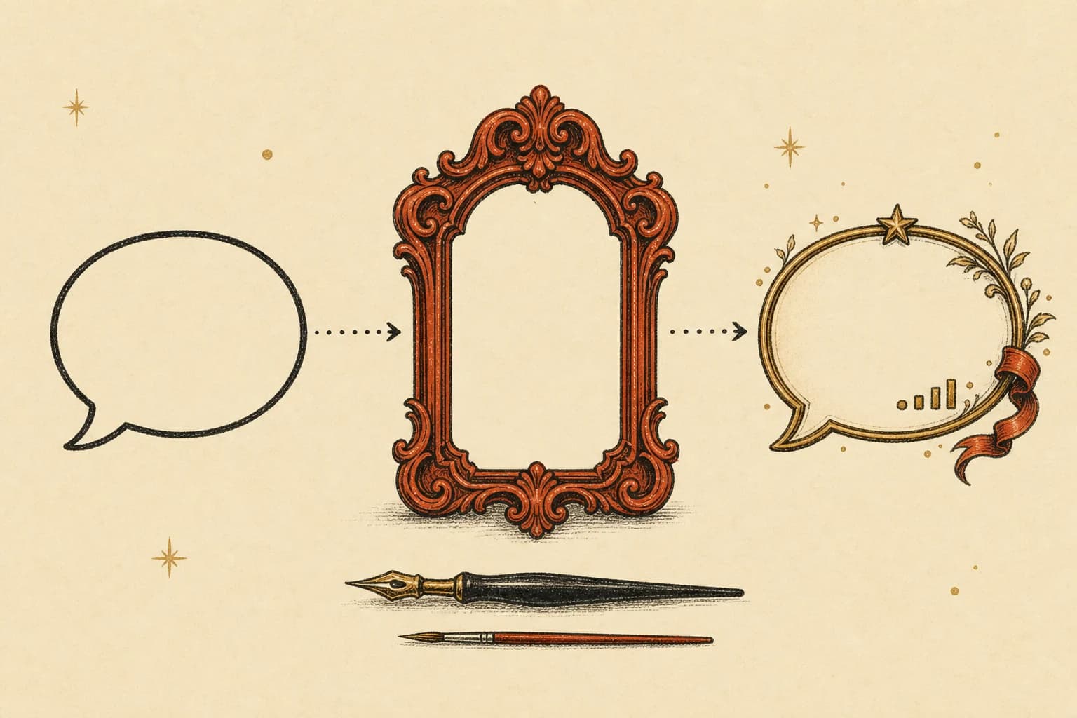Hand-drawn ink illustration: a plain speech bubble passes through an ornate cinnabar frame and emerges gilded with ribbons, a nib pen and brush resting below