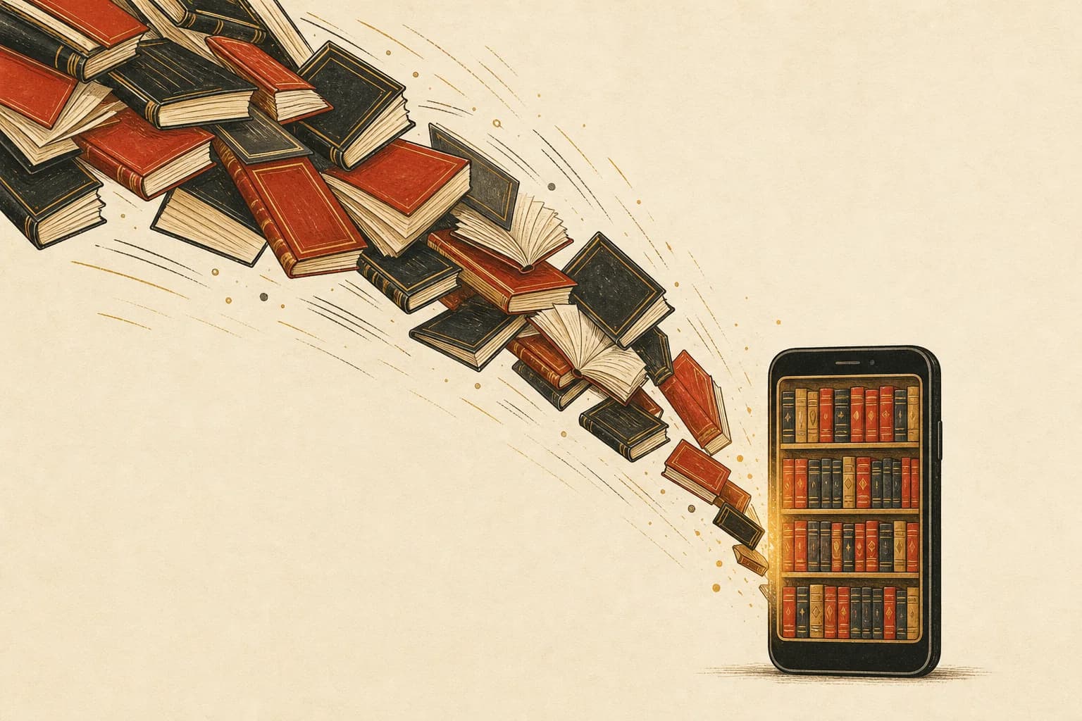 A stack of old books pouring from above into a phone screen, arranging themselves into tidy bookshelf tiles inside