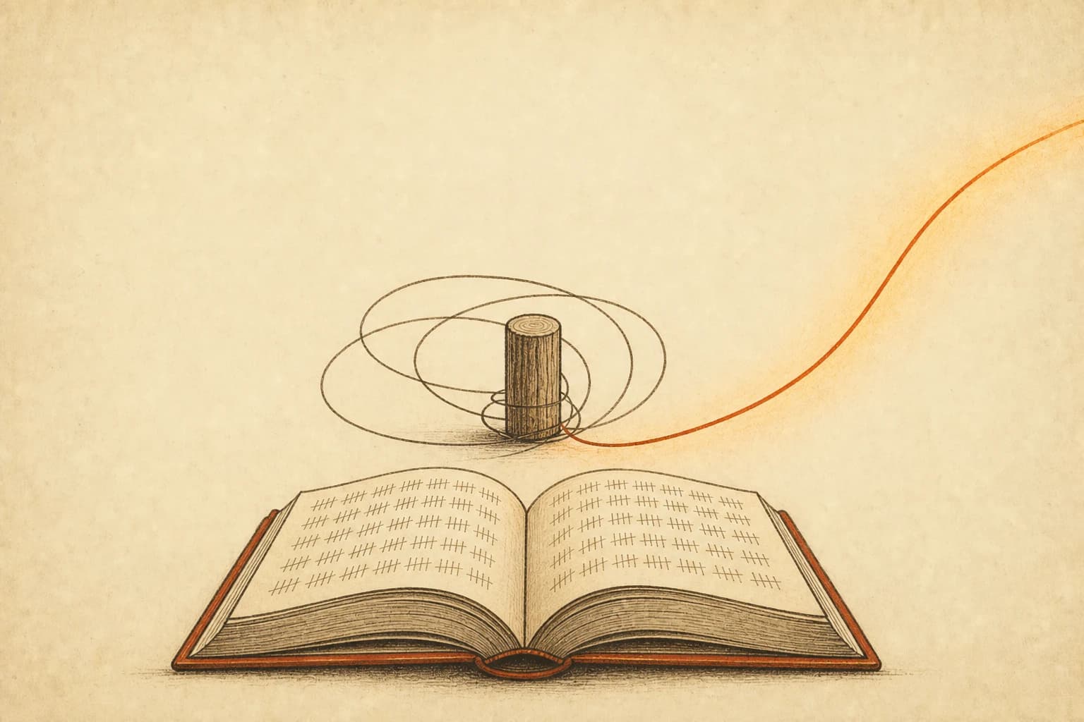 An open field-test logbook with tally marks; above it a looping ink line circles back to its starting post twenty times before one warm stroke finally breaks free toward the page edge
