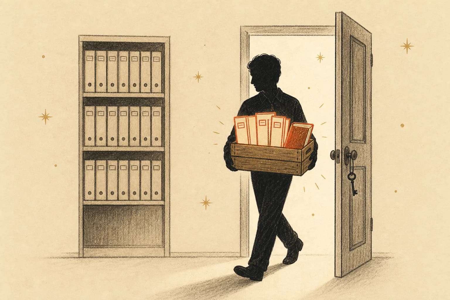 Hand-drawn ink illustration: a figure carries a wooden crate of glowing folders and a book out through an open door, tidy archive shelves behind, a key hanging by the door