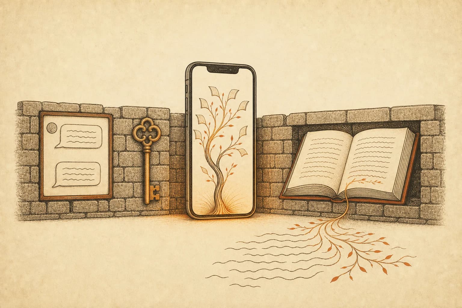 A phone standing in the gap between three brick walls — one wall holding a chat box, one a key, one an open book trailing a fresh ink line of new paragraphs