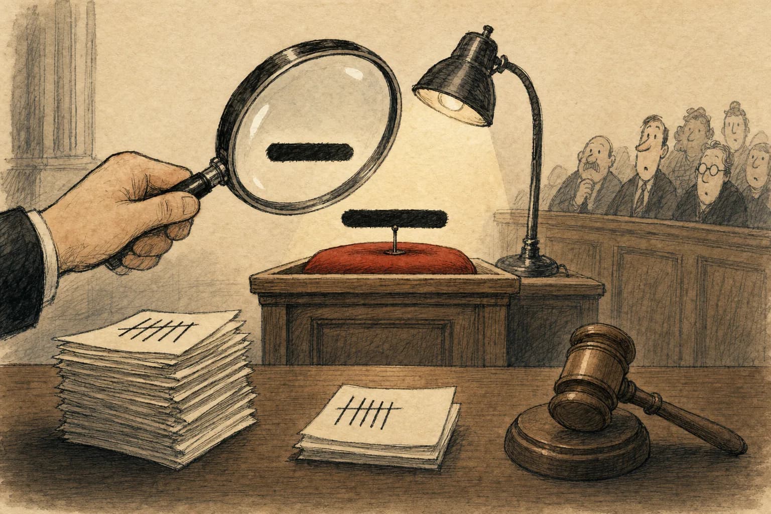 A whimsical courtroom sketch of an em dash on a witness stand under a magnifying glass, with two tally sheets on the desk