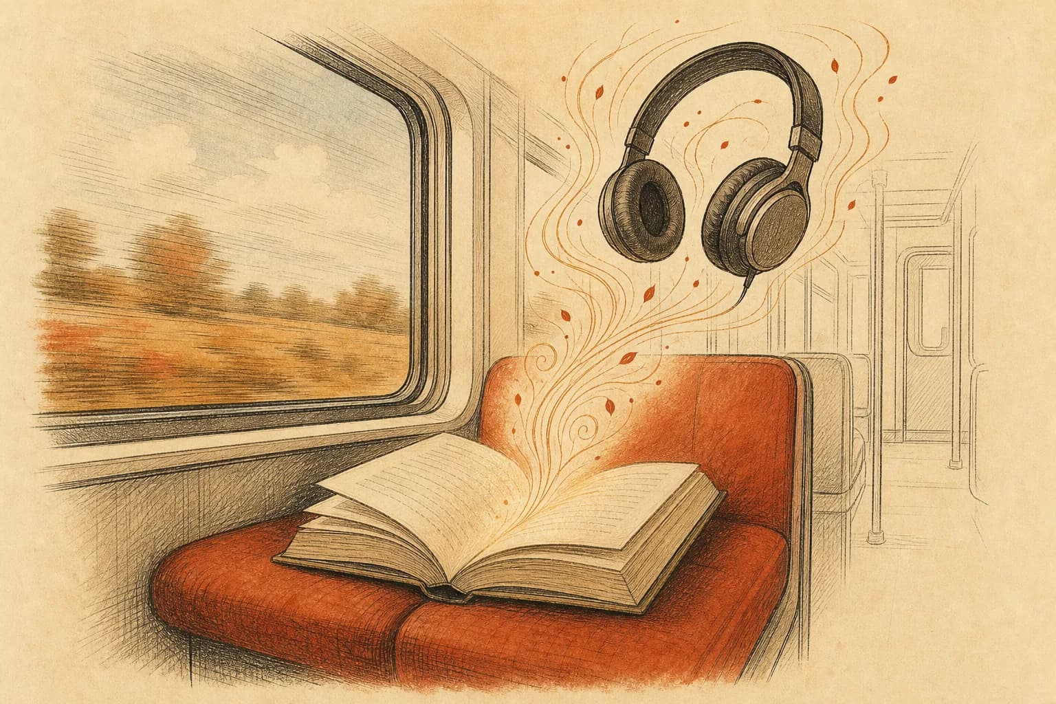 An open paperback on a train seat, sound waves drawn in warm ink rising from the page toward a pair of headphones