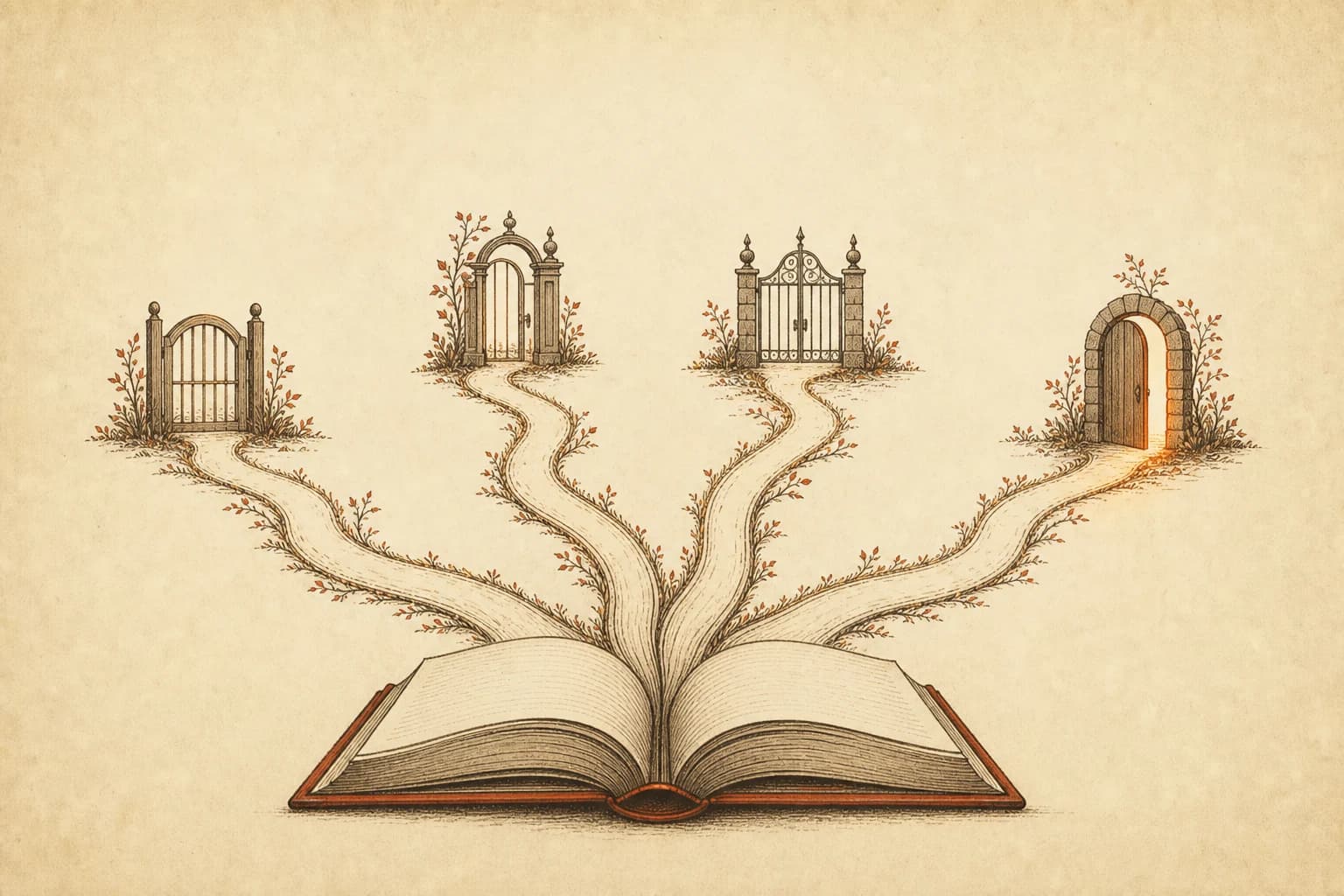 Four thin ink footpaths fan out from a single open book across cream paper, each path passing under its own small gate; one gate stands ajar with a warm glow behind it