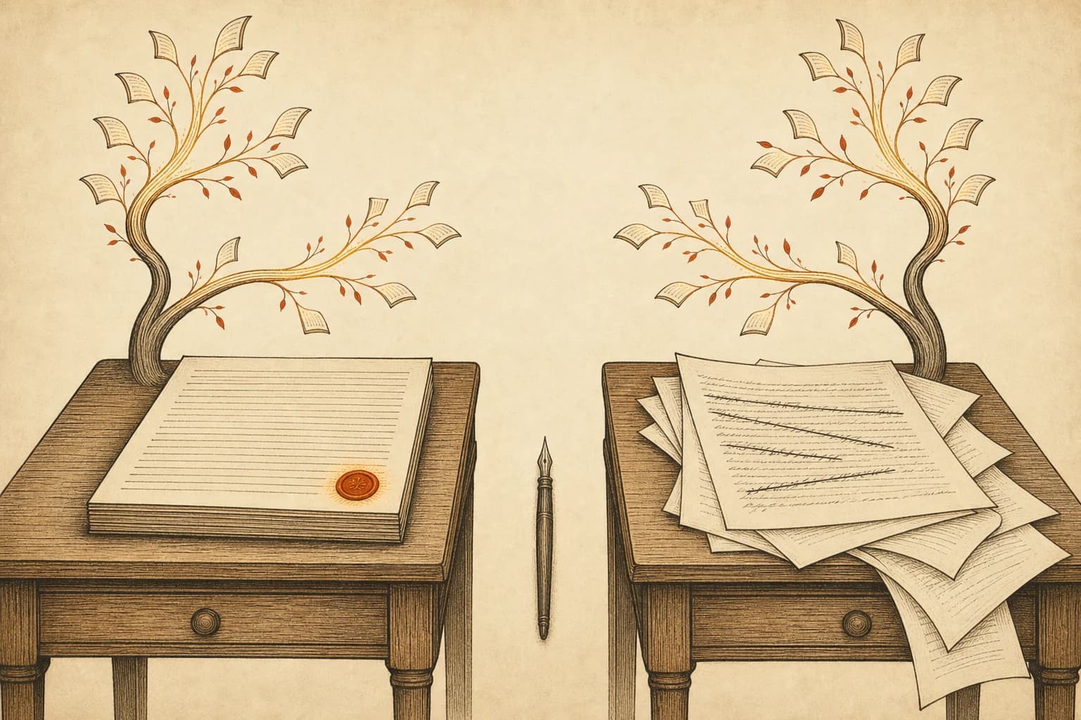 Two writing desks facing each other across a narrow gap: the left manuscript stacked print-neat, the right one scribbled over with loose pages sliding off, a single ink pen resting between them