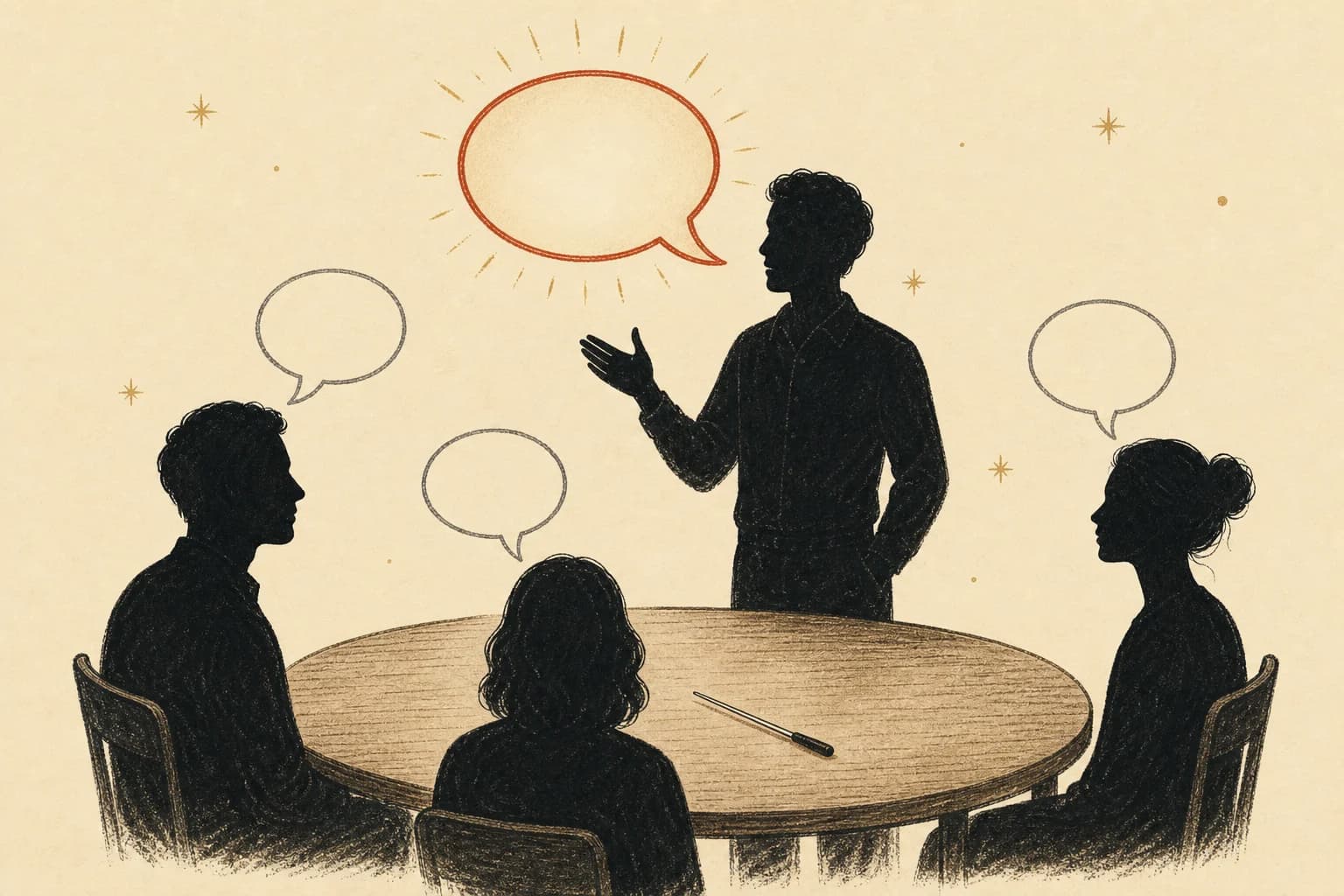 Hand-drawn ink illustration: four silhouettes around a round table, one standing with a glowing cinnabar-outlined speech bubble while three grey bubbles wait