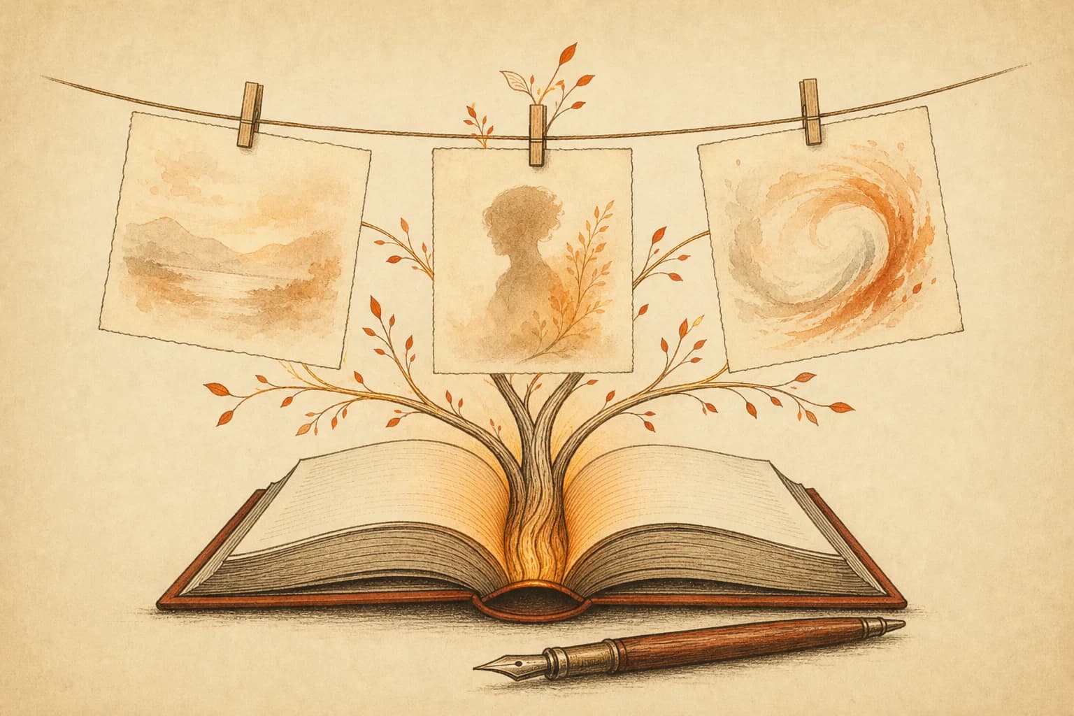 Warm-paper ink illustration: an open novel with three small blank art plates rising from the page like prints on a drying line, a nib pen resting beside the spine