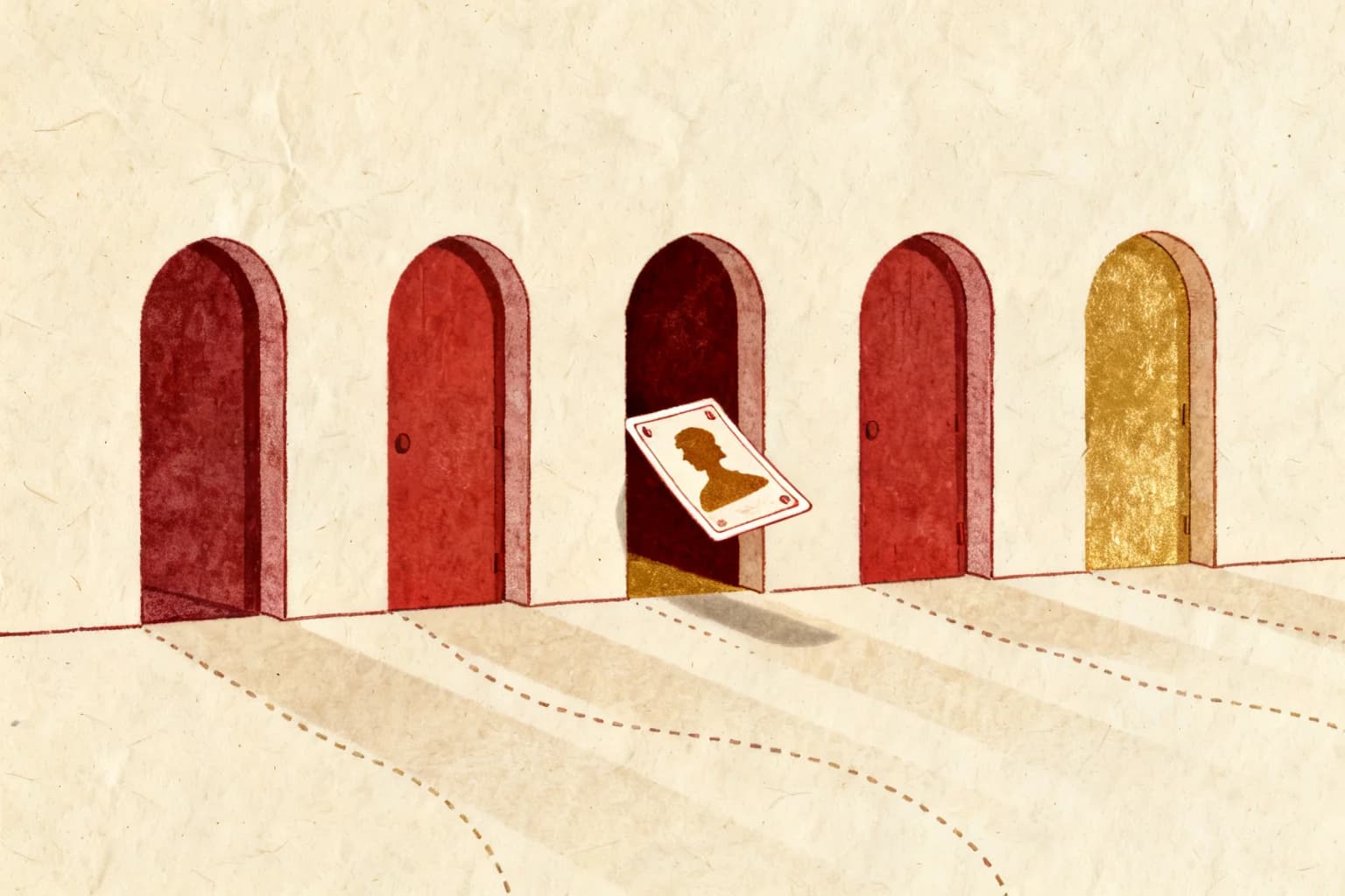 Five doorways cut into a paper wall, a character card sliding through the middle one