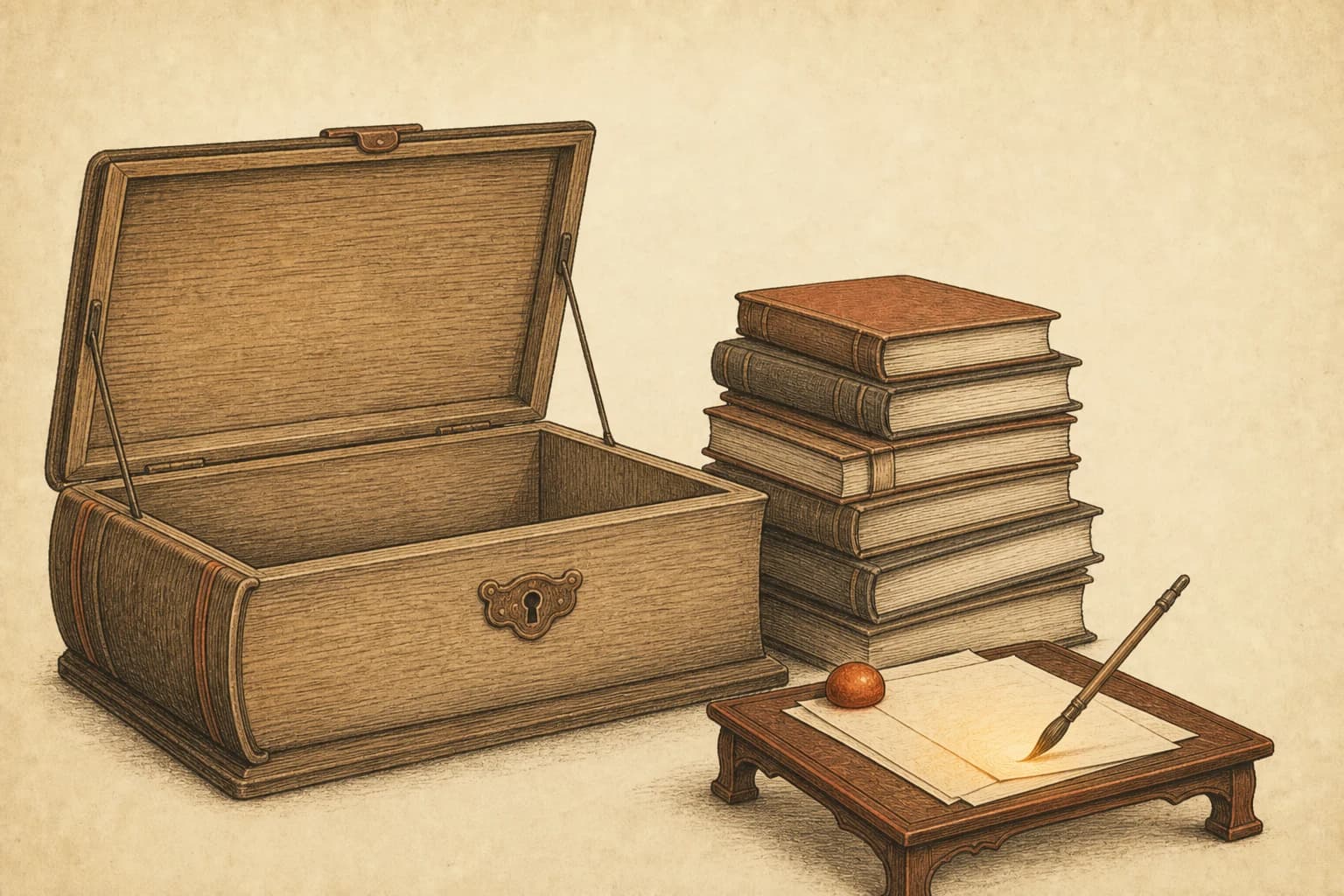 An enormous book chest yawning open beside a small writing desk holding just three chosen manuscript pages, a brush mid-stroke continuing the text — the huge container and the tiny desk in deliberate contrast