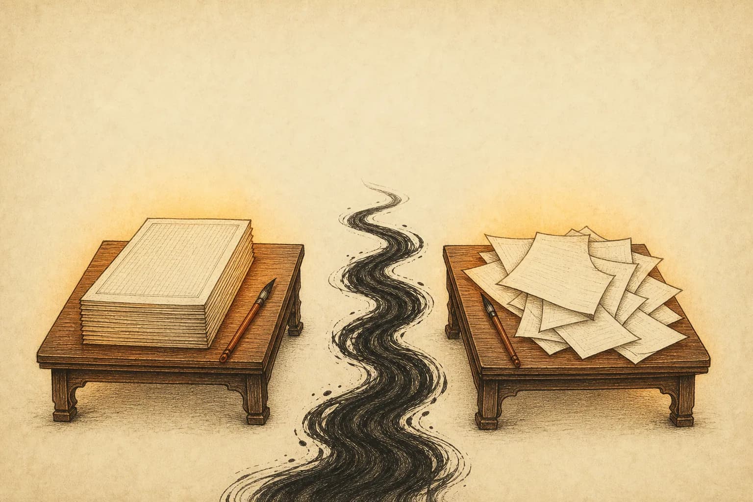 Two writing desks facing each other across an ink-dark river, one stacked with dense tidy manuscript pages, the other sparse and scattered — warm-paper hand-drawn ink illustration