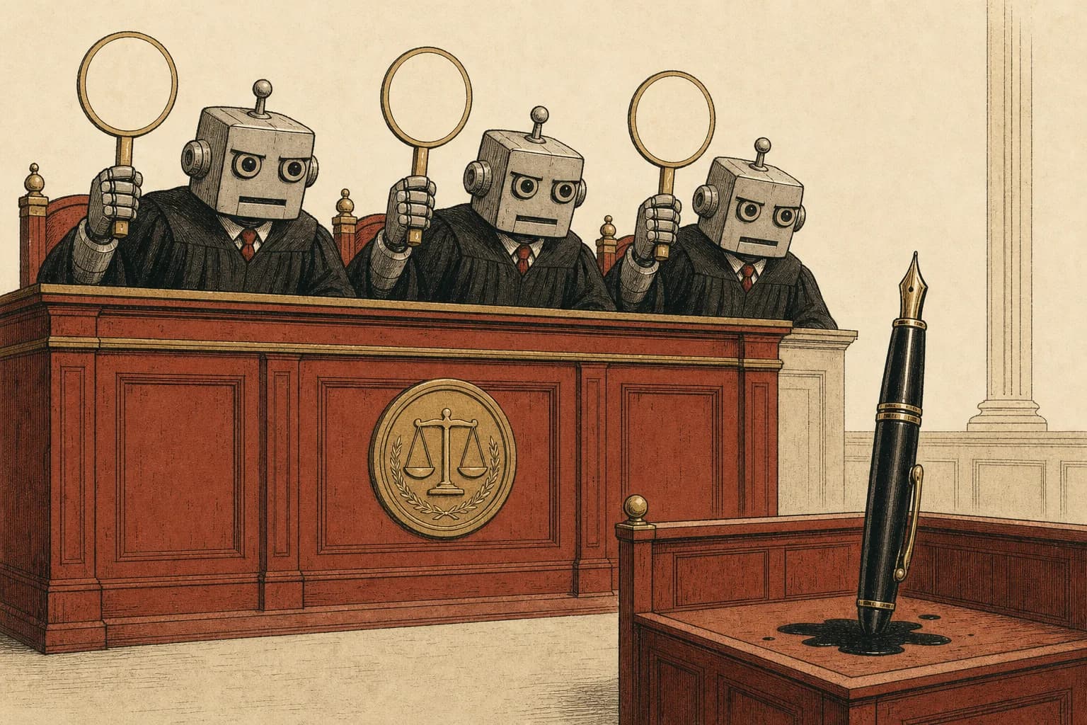 A row of robot judges holding up score cards while a human fountain pen sits in the witness stand