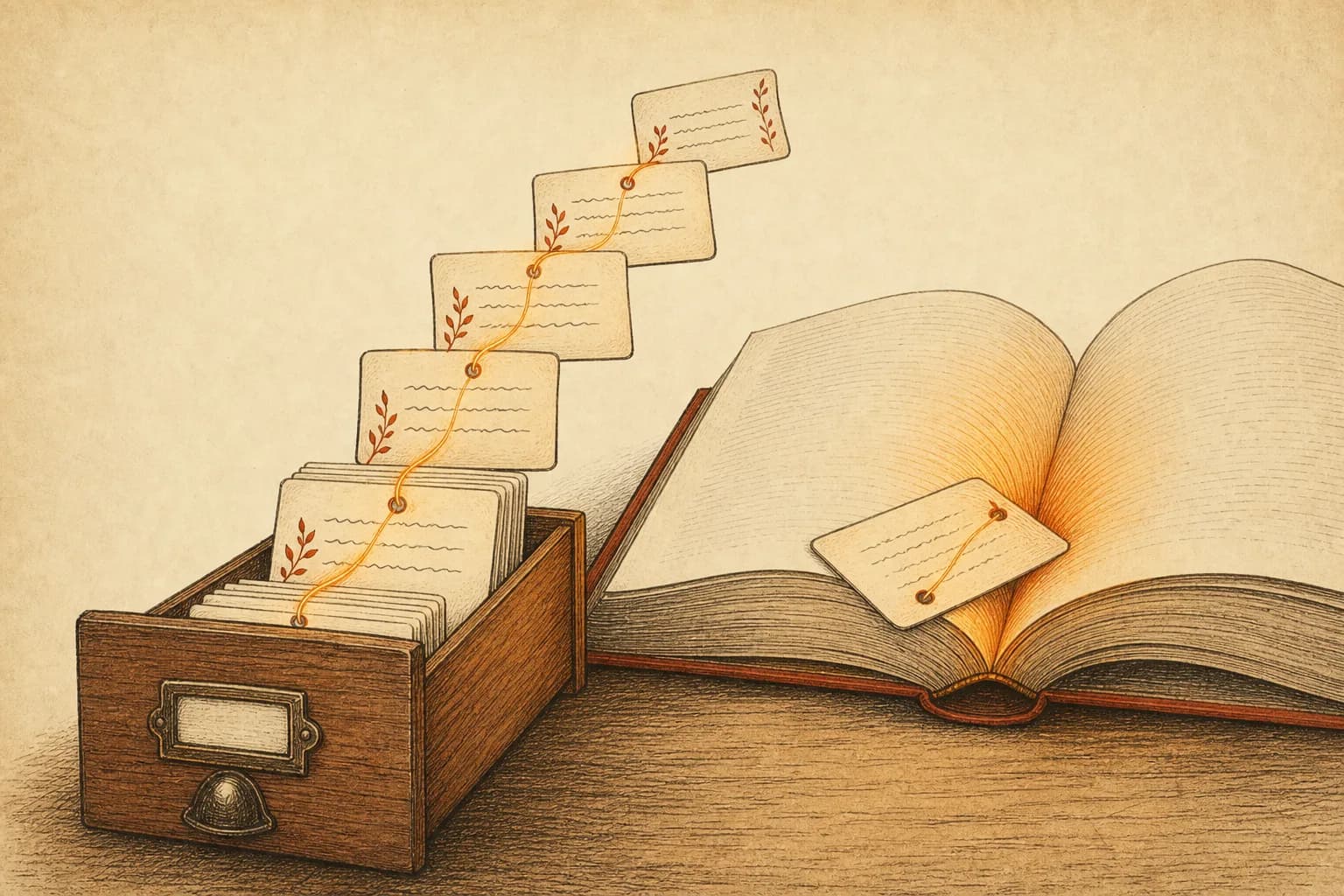A library card catalog with one drawer open, index cards flying out toward an open book on a warm paper background