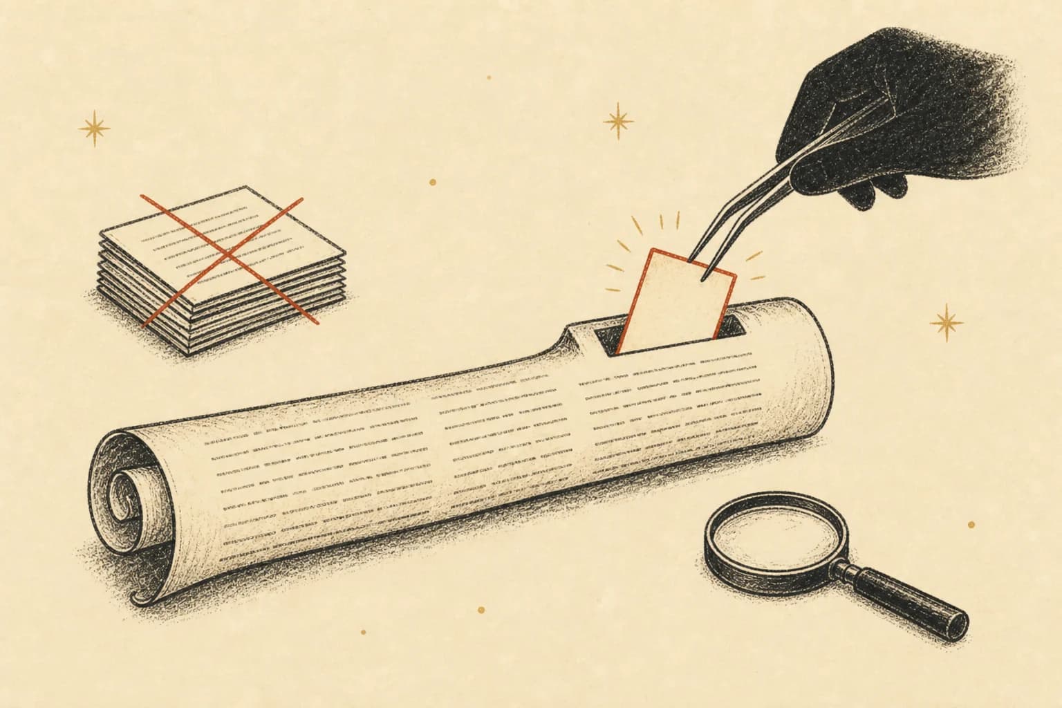 A long manuscript scroll of chat history with tweezers slotting a glowing memory card into its end, beside a stack of crossed-out cards