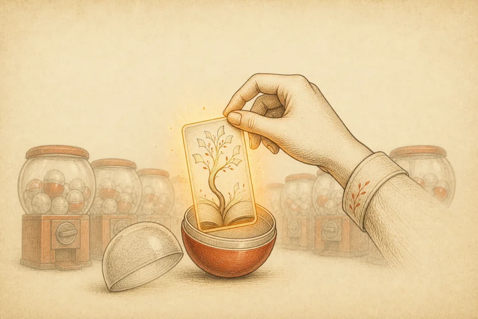 A hand lifts a glowing character card out of an opened gacha capsule while rows of dimmed capsule machines recede into the background