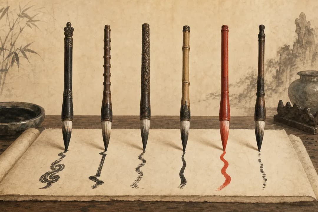 Six calligraphy brushes copying the same stroke on one scroll; only the cinnabar-red one matches the original
