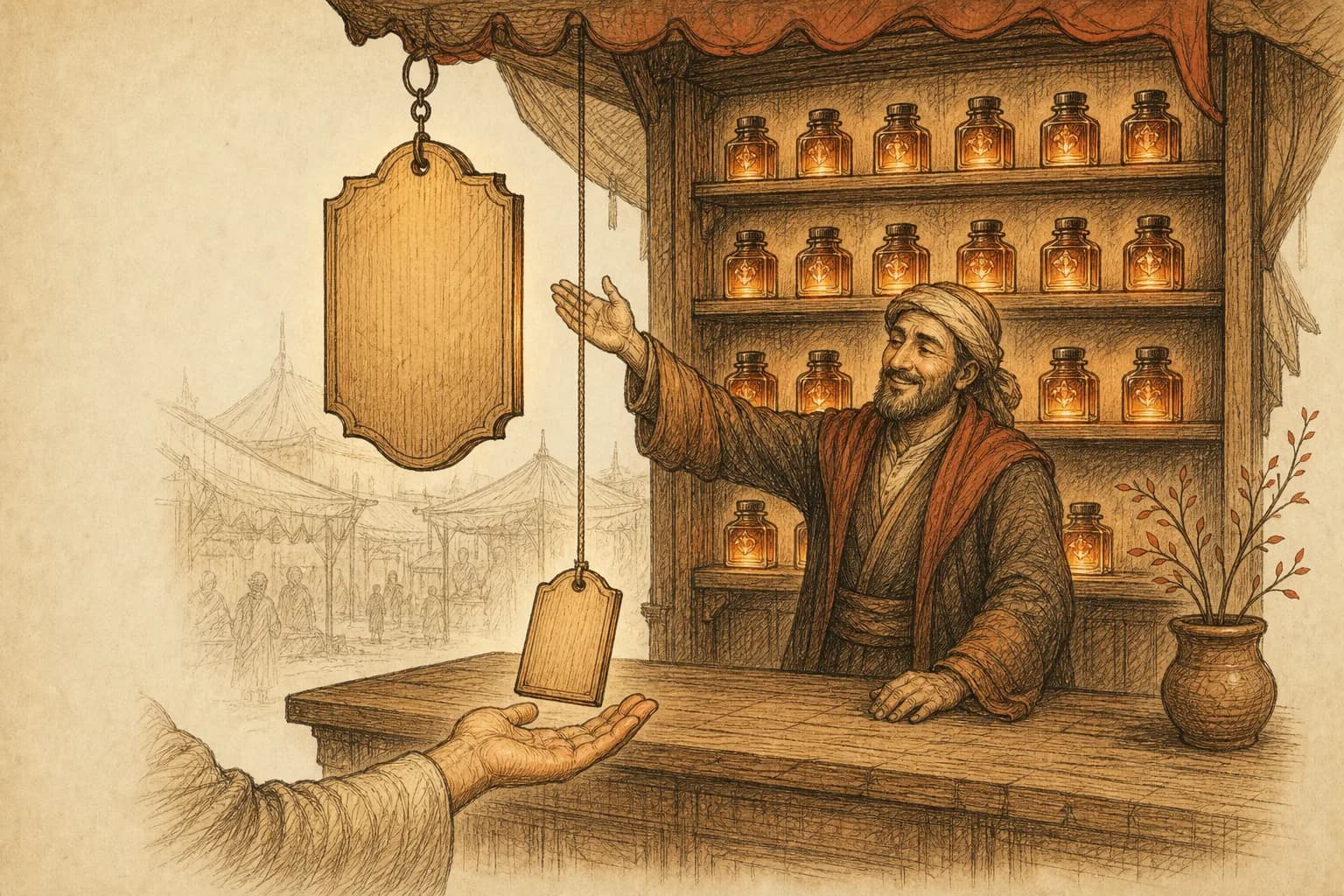 A steep downward price curve drawn on aged paper, a small figure with a lantern inspecting fine branches at the curve's end