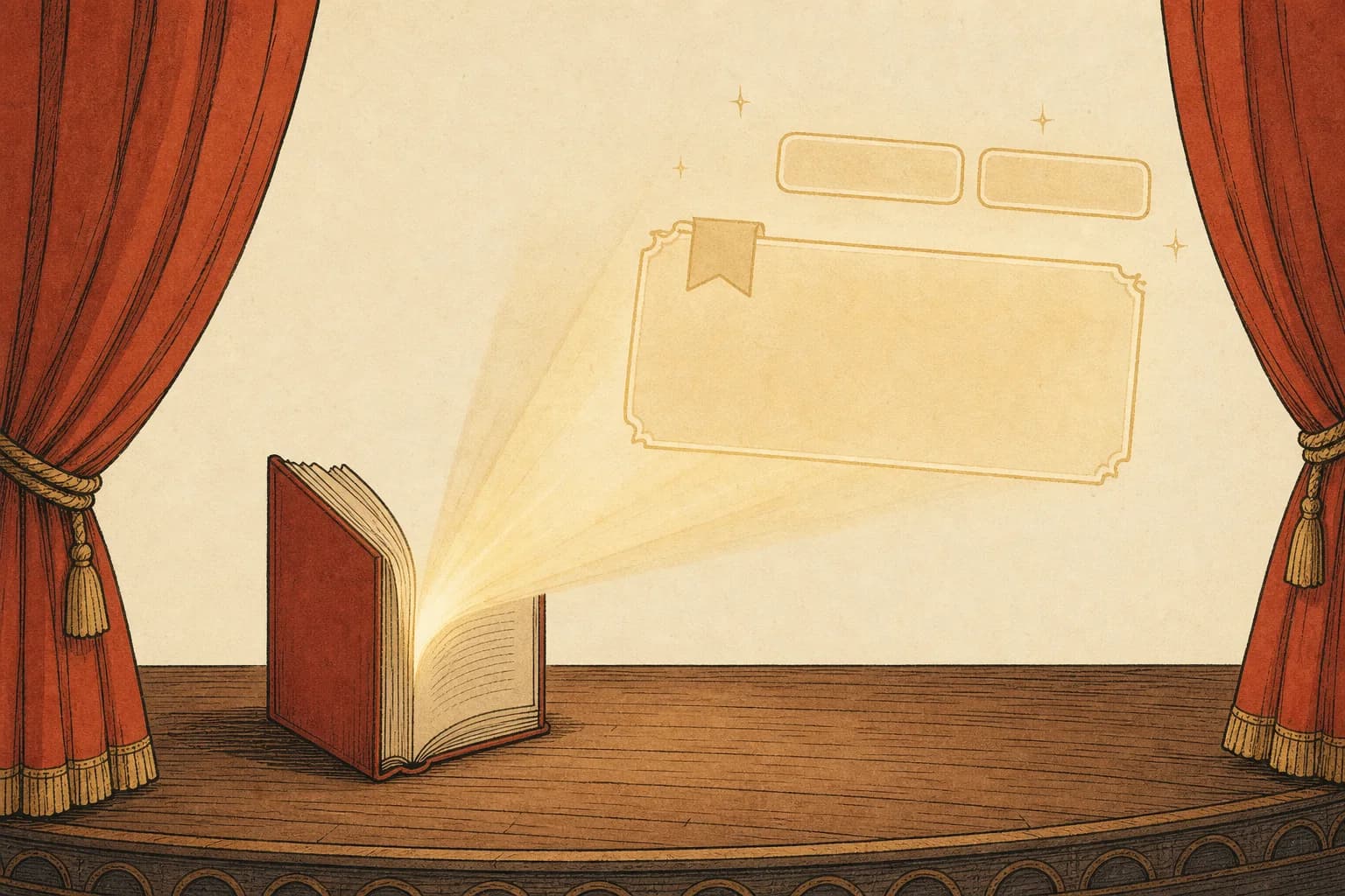 An open paperback standing on a tiny theater stage, stage lights projecting a dialogue box onto its pages