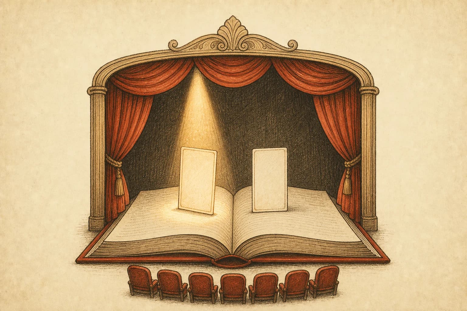 A small theater's curtains drawn open onto a stage floored with open book pages, two blank choice cards standing under a single spotlight — warm-paper hand-drawn ink illustration