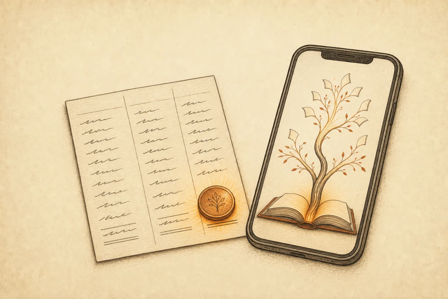 A narrow paper ledger sheet beside a phone showing a story page; three ruled columns of tiny handwritten sums, a single coin resting on the smallest total
