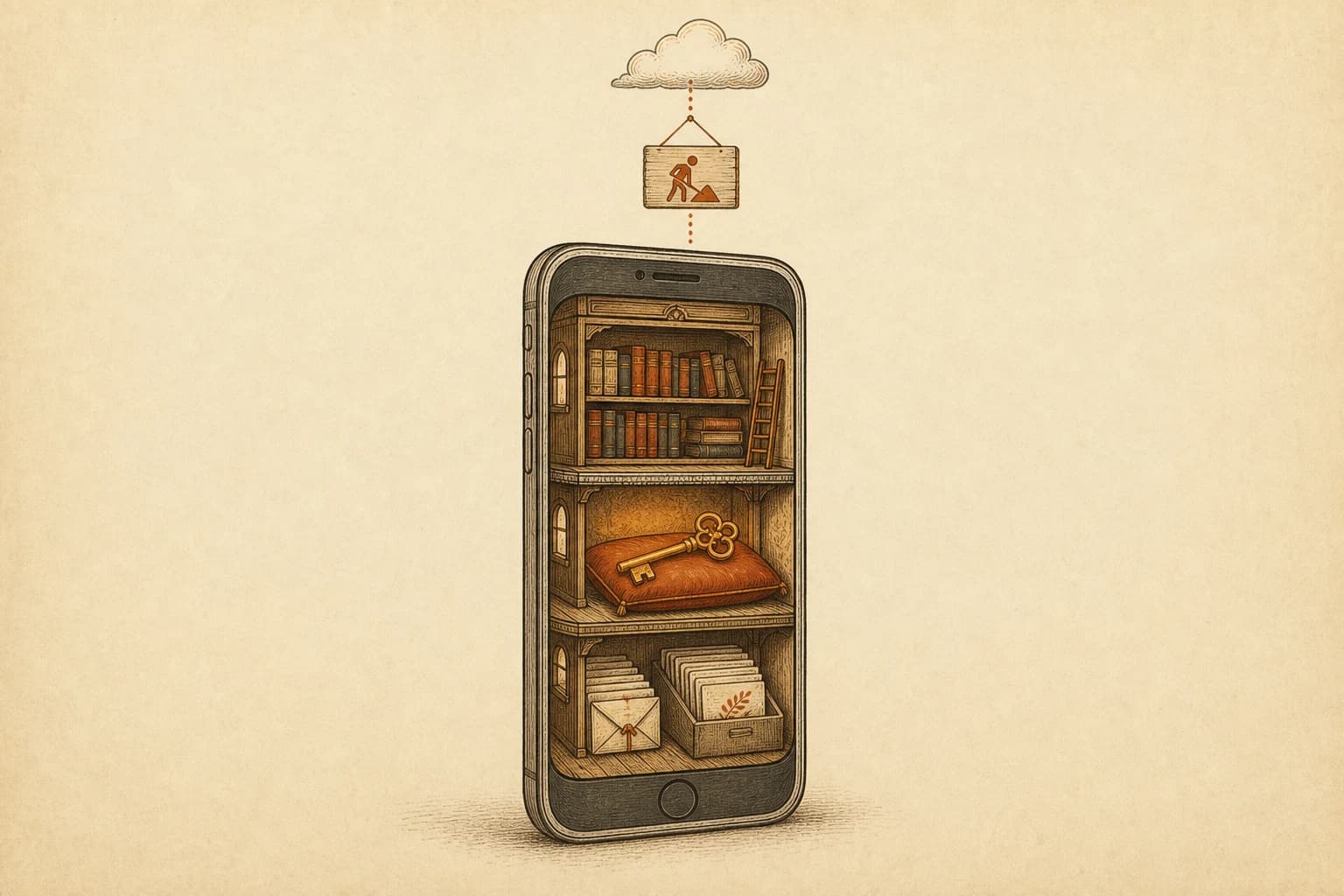 Hand-drawn ink illustration: a phone opened like a cutaway house, rooms holding books, a brass key, letters and cards on separate floors, and a dotted line to a cloud above marked with an under-construction sign