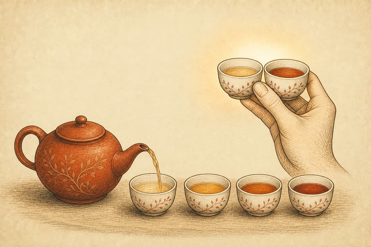 One cinnabar teapot pouring into four identical cups, each holding tea of a visibly different shade, while a hand lifts two cups to compare them against the light