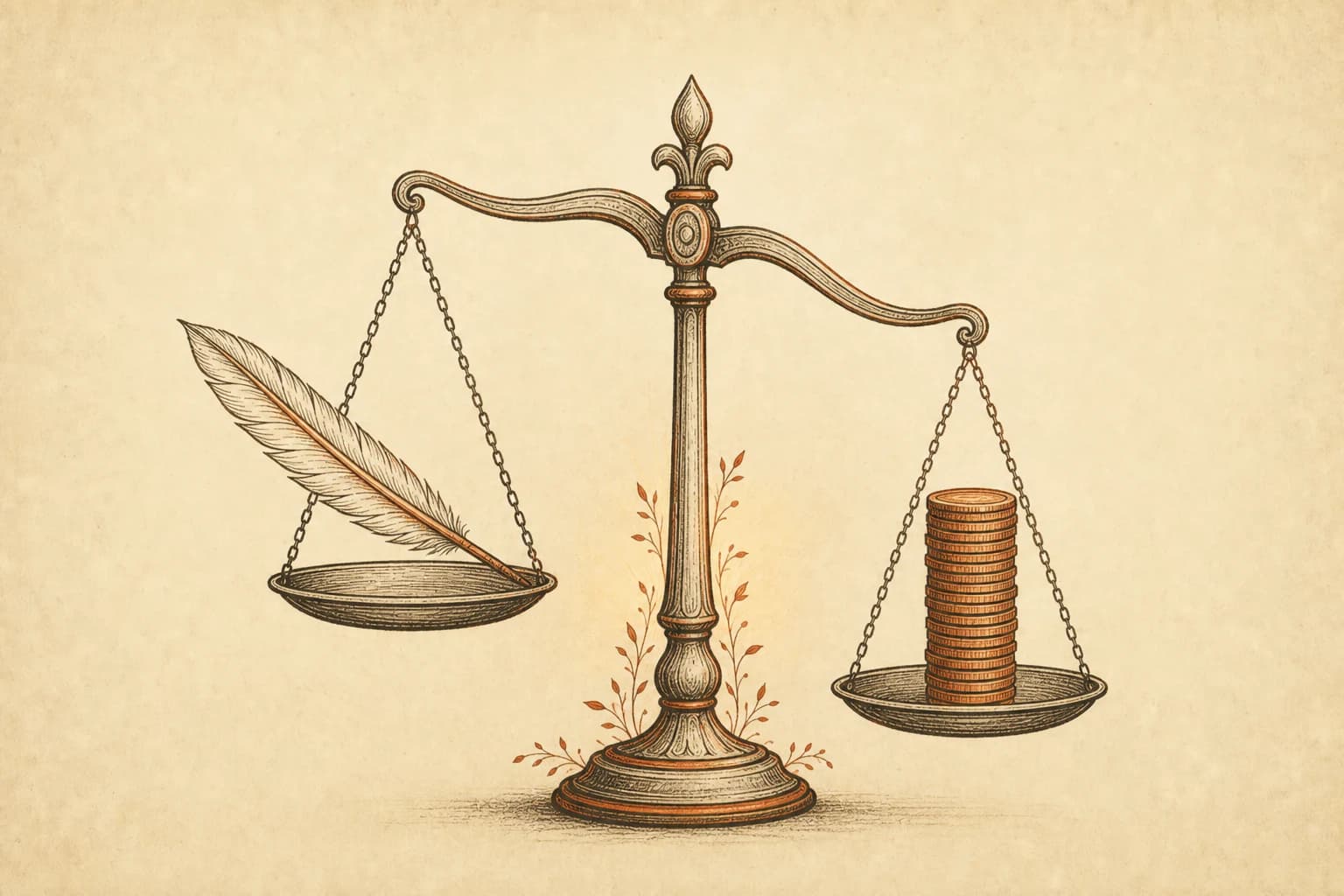 一架手绘天平:一侧托盘放着一支鹅毛笔,另一侧压着成摞的硬币,暖纸底水墨线条,朱砂色点缀