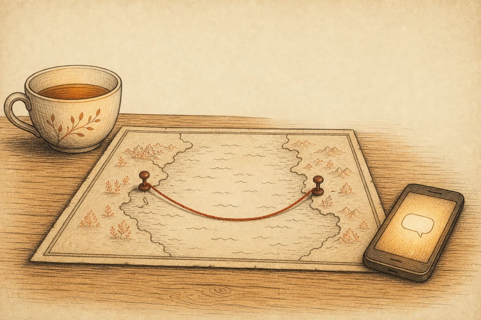 暖纸色手绘插画:桌上铺着一张旧地图,两枚小图钉隔着一片海,一根暖色细线松松相连,线旁一部手机亮着一条小小的聊天气泡