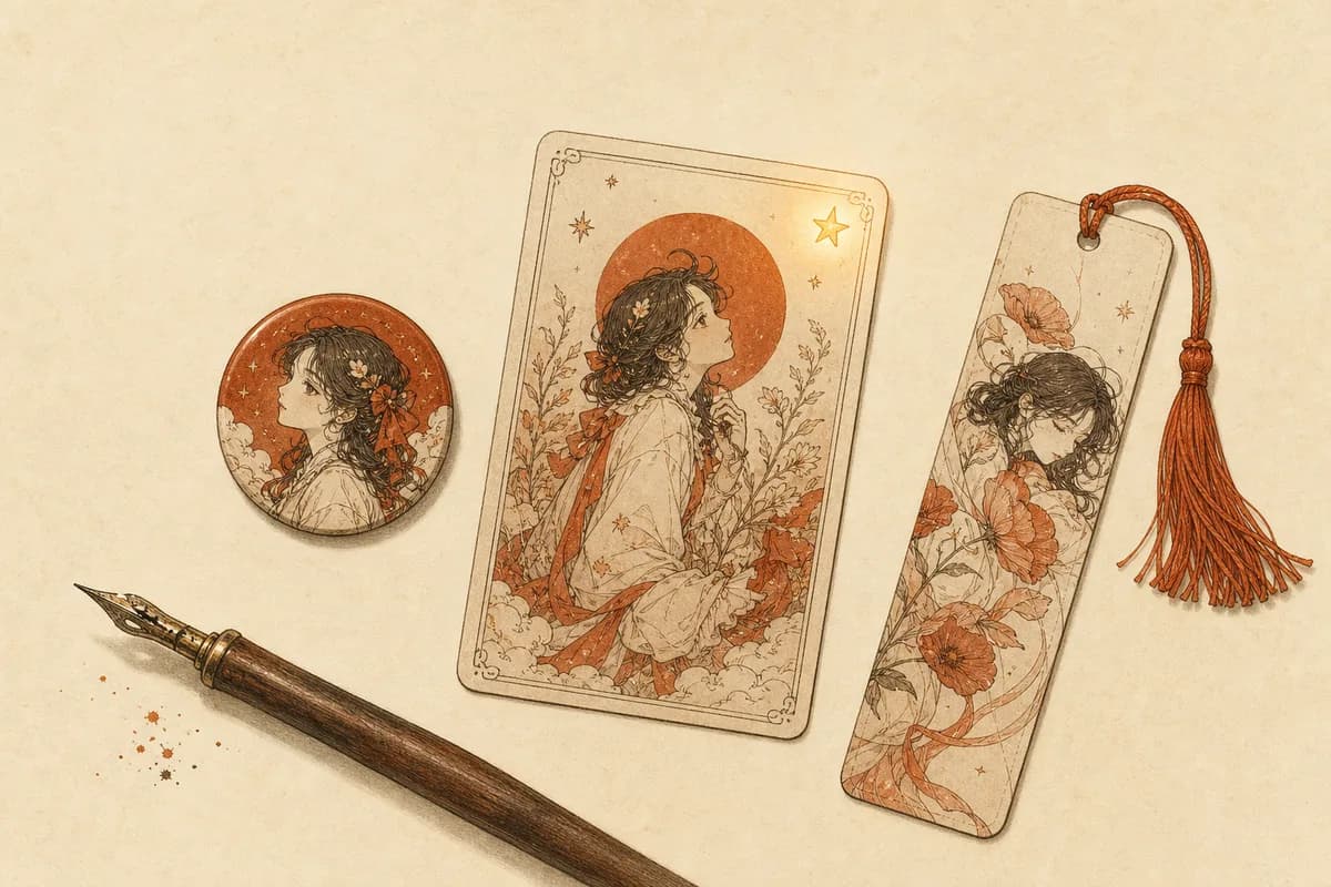 暖纸色手绘墨线插画:一张桌面上散放着一枚圆形吧唧、一张竖版收藏卡和一枚带穗子的长书签,收藏卡右上角一颗小星星微微发光,旁边搁着一支蘸水笔