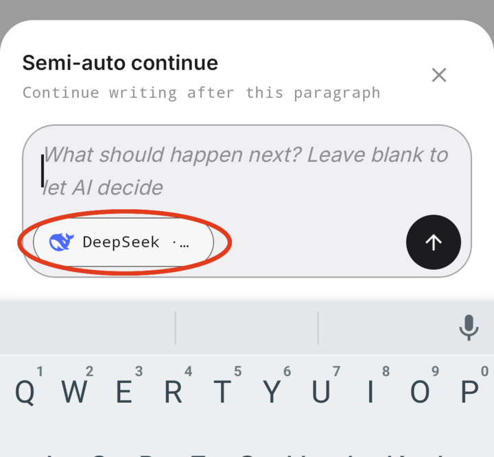 Device screenshot: Semi-auto continue input bar, with a red circle around the embedded model switch button